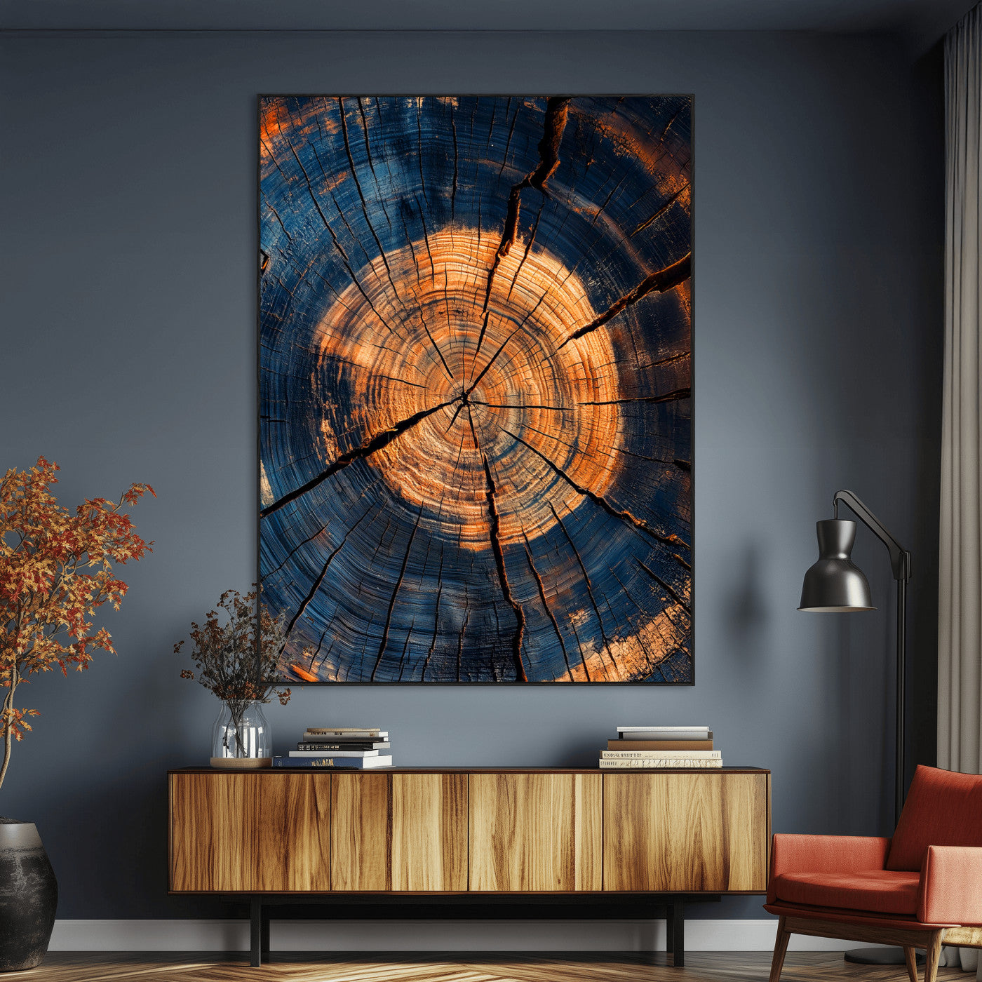 Close-up canvas of tree rings with burnt orange and deep blue tones, perfect for rustic or earthy-themed home decor.