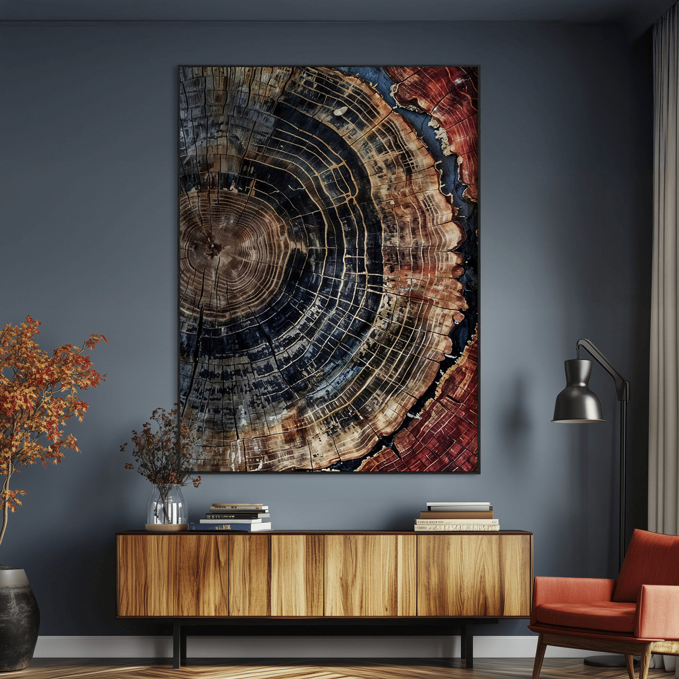 Rustic canvas featuring detailed tree rings and dark earthy tones, ideal for moody wood or organic nature-inspired home decor.