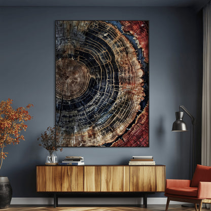Rustic canvas featuring detailed tree rings and dark earthy tones, ideal for moody wood or organic nature-inspired home decor.