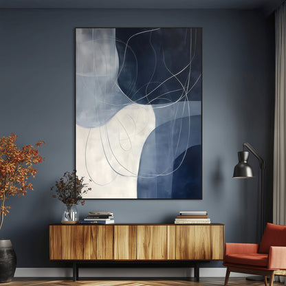 Contemporary abstract canvas with navy, grey, and white curved forms and fine line details, ideal for minimalist or modern interiors.