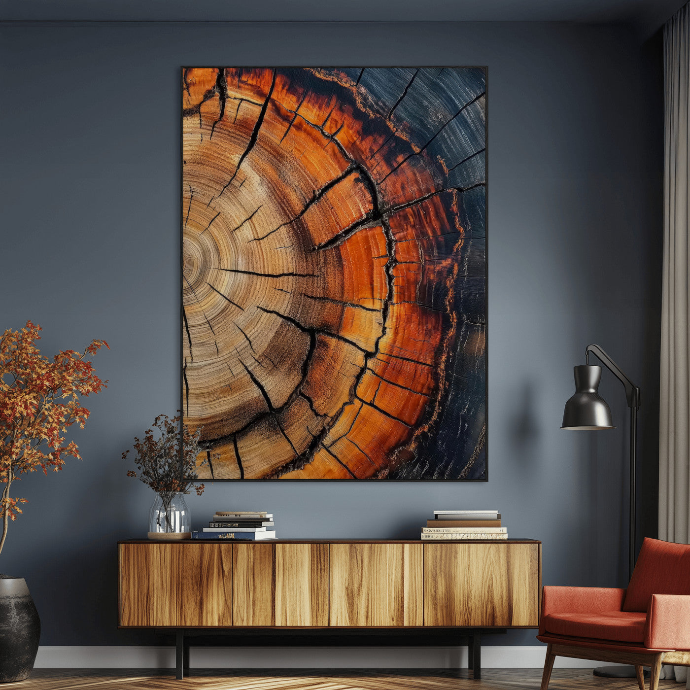 Framed canvas of burnt tree rings with rich wood texture and warm tones, ideal for rustic or earth-inspired interior decor.