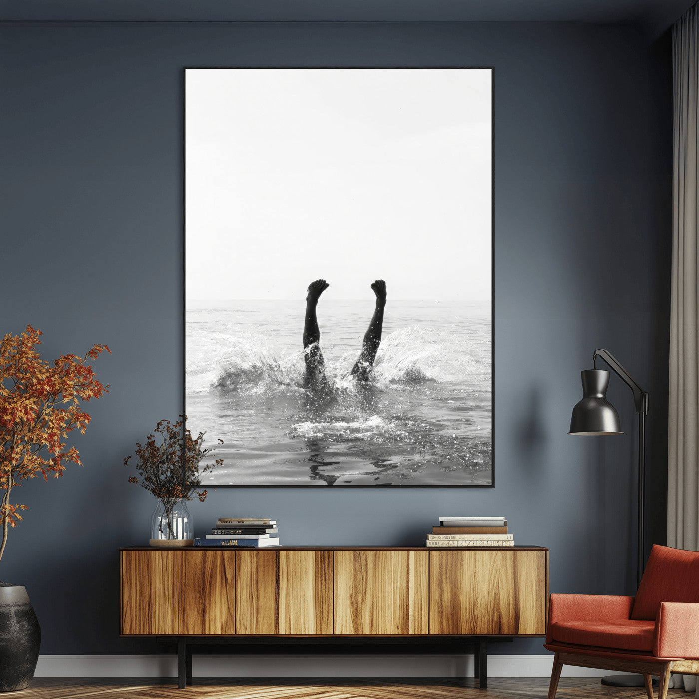 Black and white ocean art featuring a swimmer's legs mid-splash, perfect for minimalist, coastal, or monochrome modern interiors.