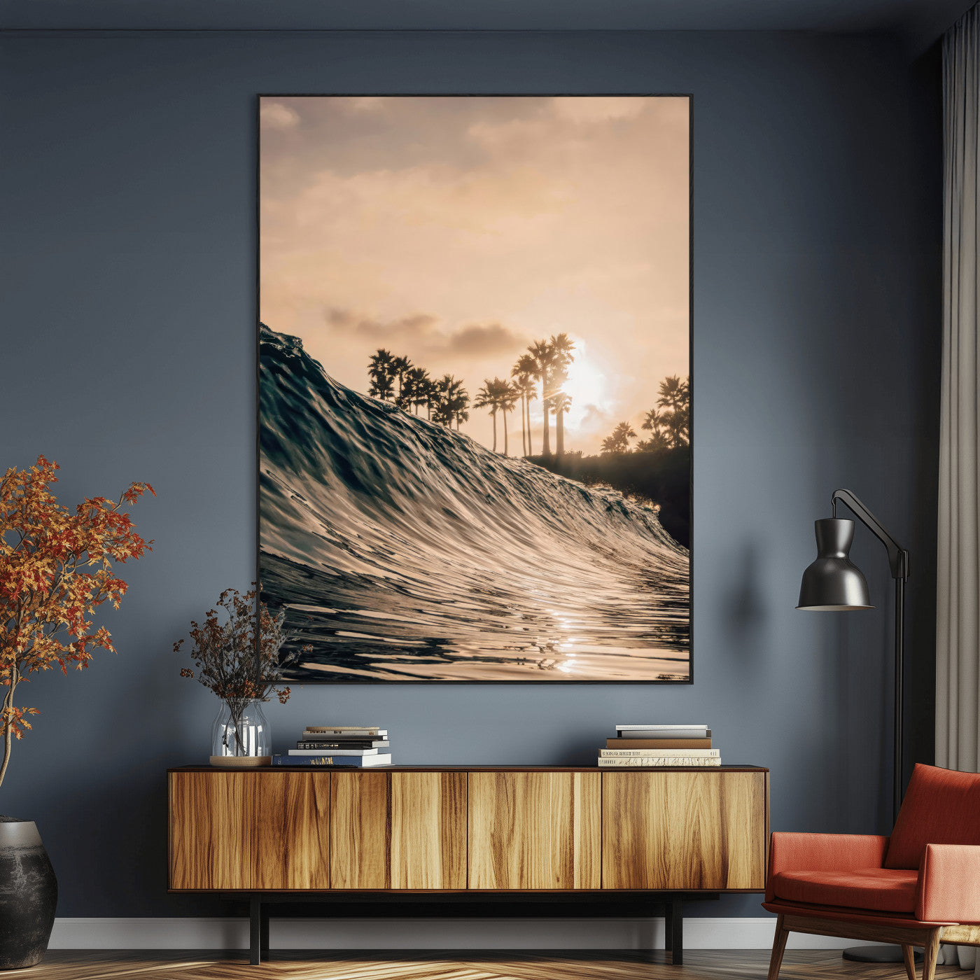 Golden sunset view of an ocean wave curling near palm trees, radiating warm tones perfect for coastal or tropical-themed decor.
