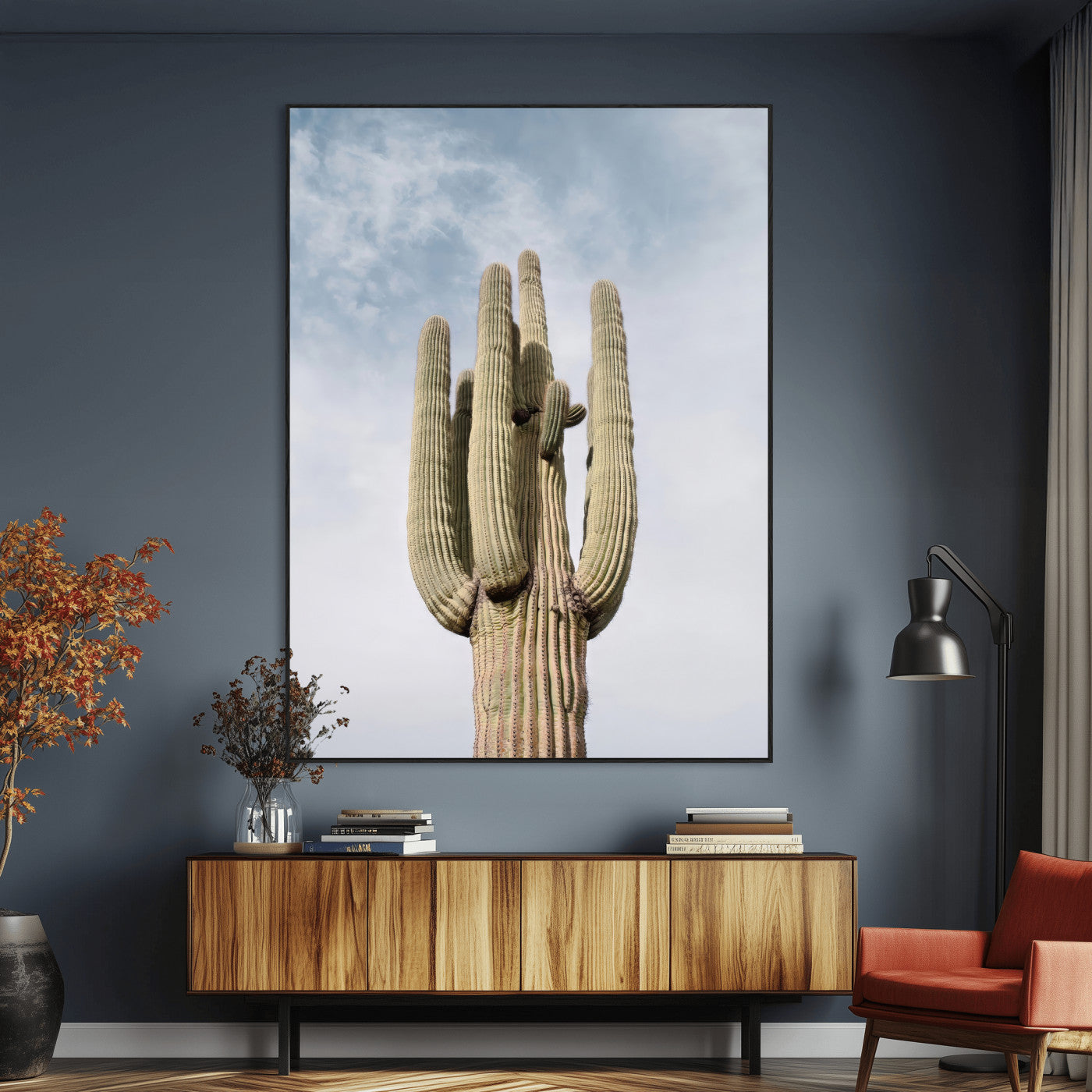 Vertical photo of a tall saguaro cactus against a soft sky, ideal for earthy or Southwestern home decor with warm neutral tones.