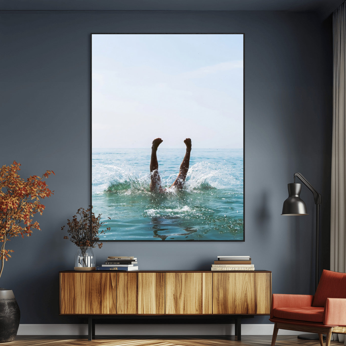 Vibrant ocean canvas of a playful diving splash, ideal for coastal or beach-themed interiors with a lively summer vibe.