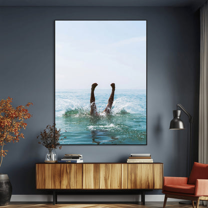 Vibrant ocean canvas of a playful diving splash, ideal for coastal or beach-themed interiors with a lively summer vibe.