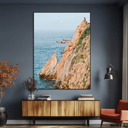Canvas wall art capturing a bold cliff diving sequence into turquoise waters, perfect for vibrant and adventurous coastal or sporty interiors.