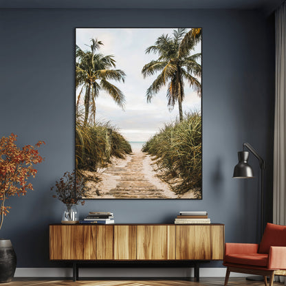 Canvas wall art of a tropical beach path with palm trees and dune grass, ideal for coastal entryways or tropical-inspired home decor.