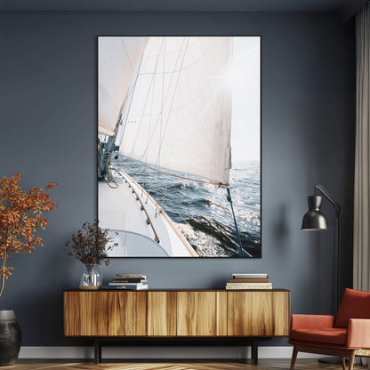 Canvas of a sailboat gliding on a sunlit ocean with white sails and sparkling water, ideal for coastal minimalist or nautical-style home decor.