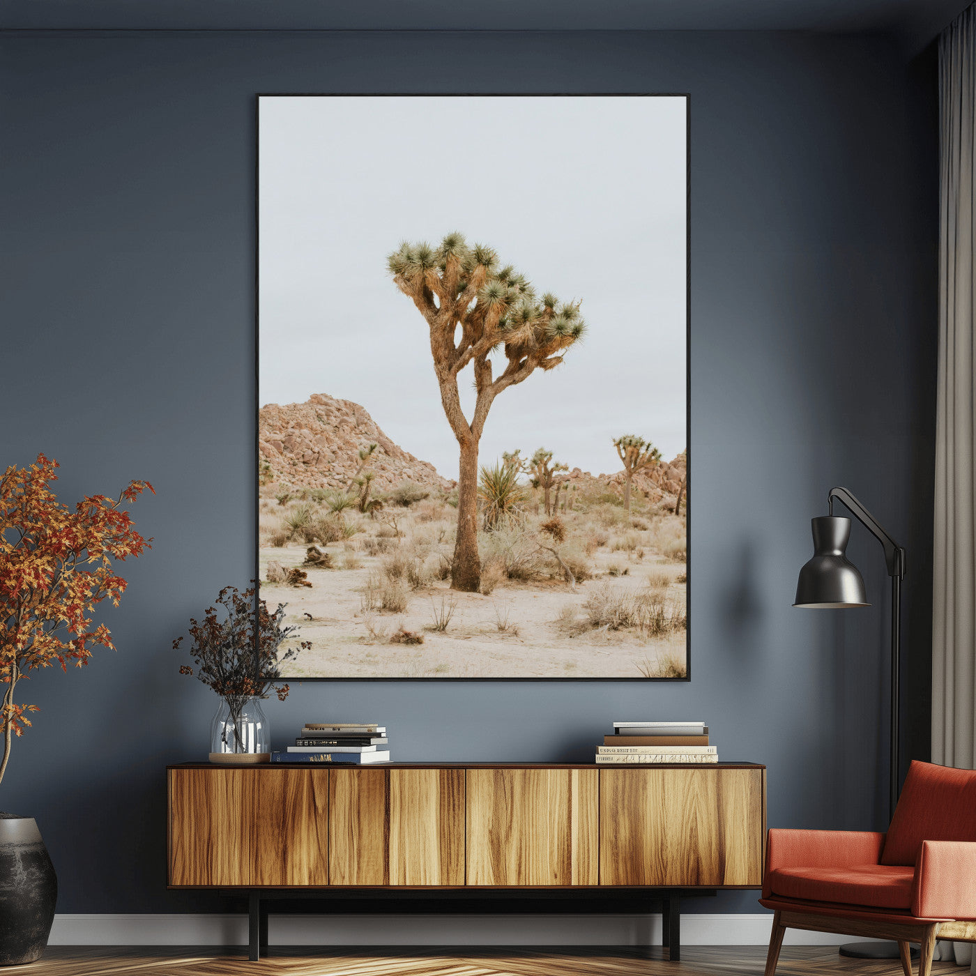 Canvas of a Joshua Tree in neutral desert tones under soft light, ideal for southwestern minimalist or rustic nature-inspired home decor.