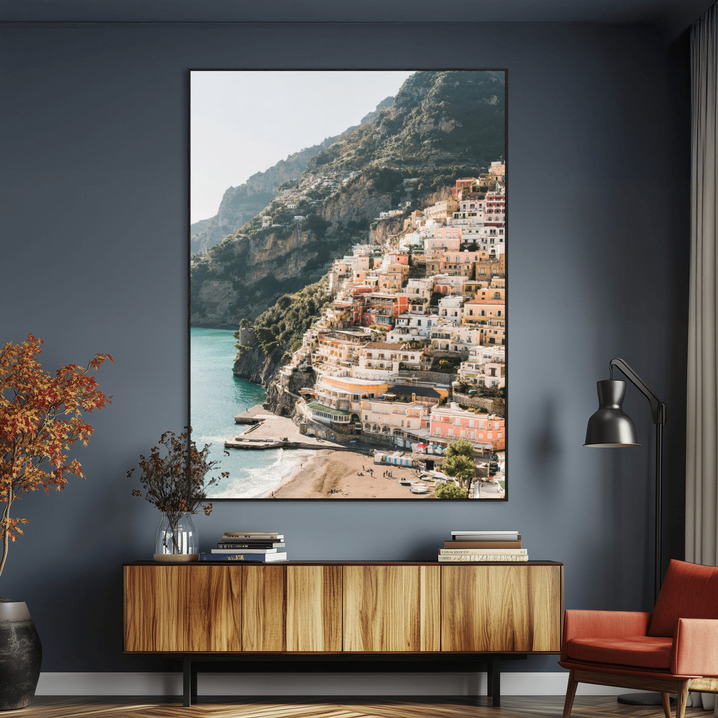 Canvas of colorful cliffside homes in Positano along the Amalfi Coast with warm tones, perfect for Mediterranean coastal or European-inspired home decor.