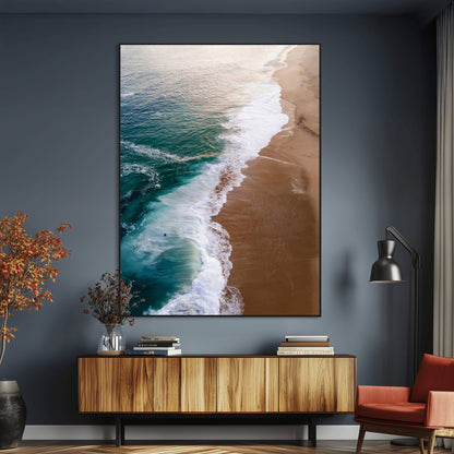 Canvas of a dreamy aerial beach scene with turquoise waves and soft sunset tones, ideal for modern coastal or minimalist home decor.