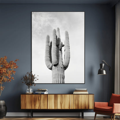 Canvas of a tall saguaro cactus in black and white with moody tones, perfect for southwestern minimalist or modern desert-themed home decor.