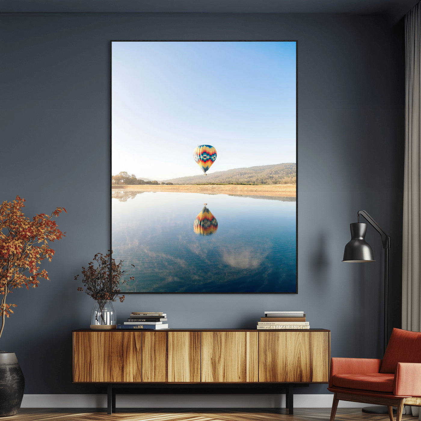 Canvas of a hot air balloon floating above a calm lake with soft reflections and vibrant sky, ideal for modern minimalist or adventure-themed home decor.