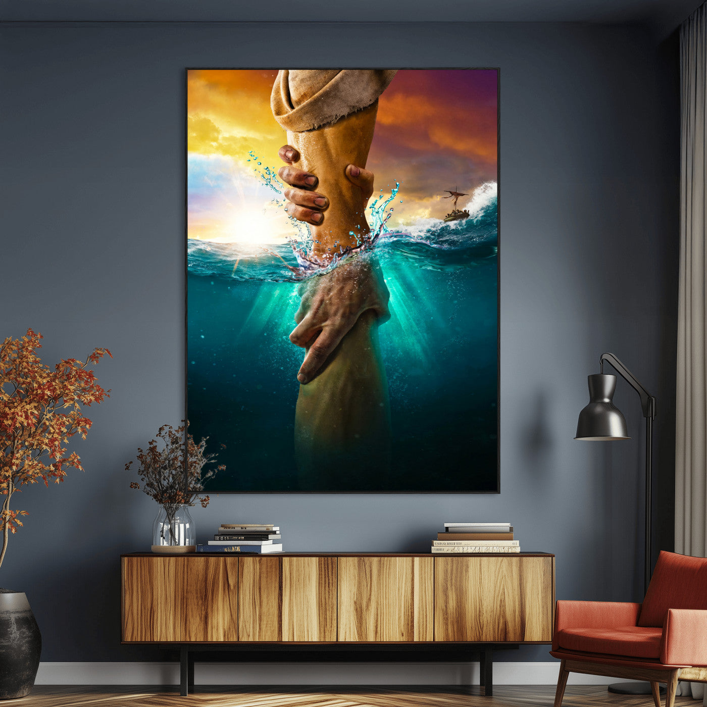 A dramatic scene of a hand reaching underwater and being lifted, symbolizing rescue and faith, ideal for spiritual or Christian wall decor.