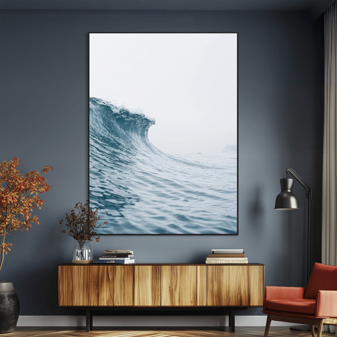 A single ocean wave curling in soft blue tones under a misty sky, ideal for coastal or minimalist home wall decor.