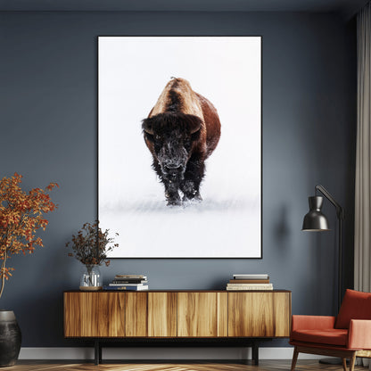 Front view of a strong bison walking in deep snow, isolated white background, perfect for rustic or lodge-style home decor.