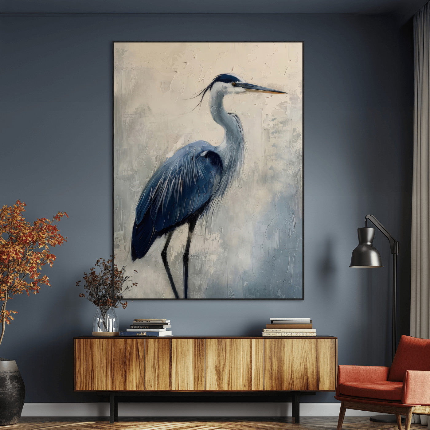 Blue heron standing gracefully on one leg, painted in soft neutrals and cool tones, perfect for modern coastal or nature-inspired decor.