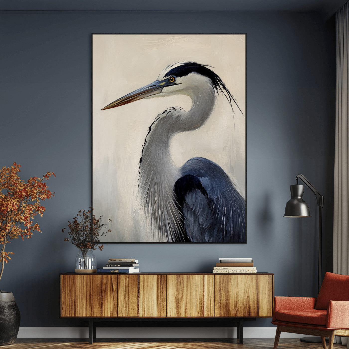 Single blue heron in profile with soft feathers and neutral tones, ideal for tranquil, coastal or nature-inspired interior settings.