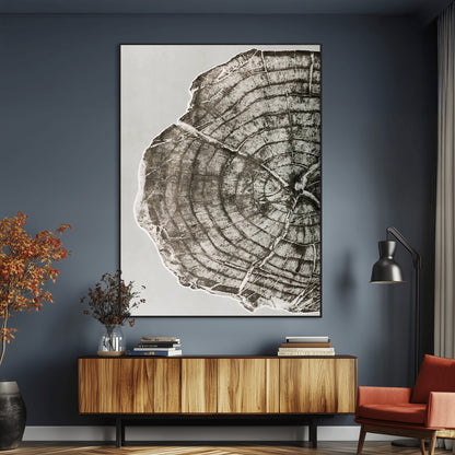 A close-up tree ring cross-section with neutral tones and organic texture, perfect for rustic, modern, or minimalist interior wall decor.