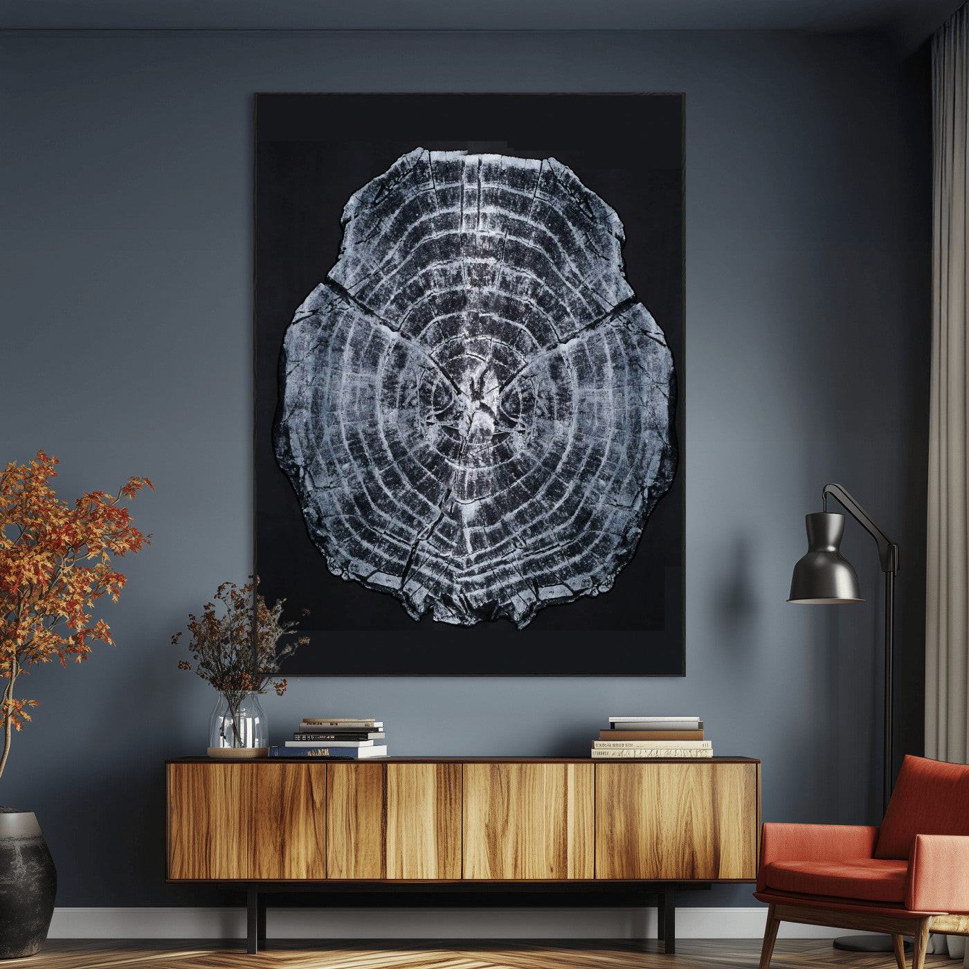 Monochrome tree ring cross-section on black background, showing detailed growth lines, perfect for modern rustic or minimalist interiors. (
