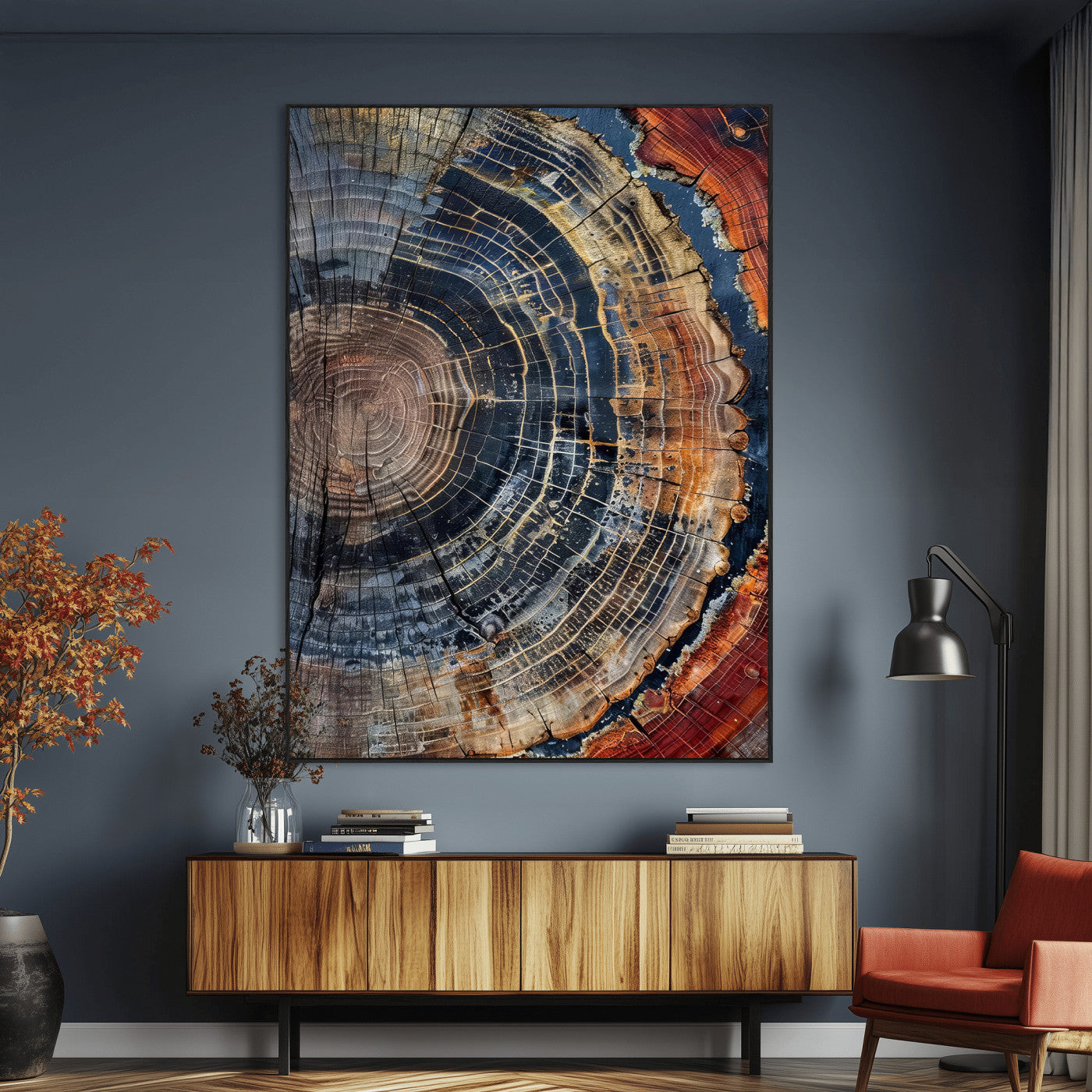 Close-up of a tree ring cross-section showing detailed growth rings in earthy tones, perfect for rustic or nature-inspired home decor.