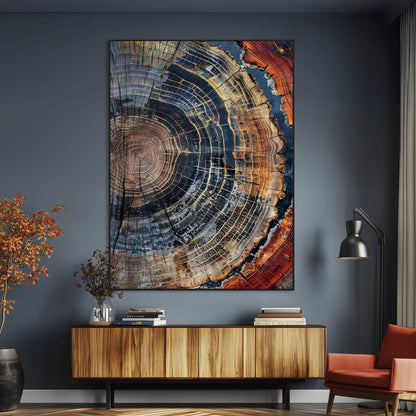 Close-up of a tree ring cross-section showing detailed growth rings in earthy tones, perfect for rustic or nature-inspired home decor.