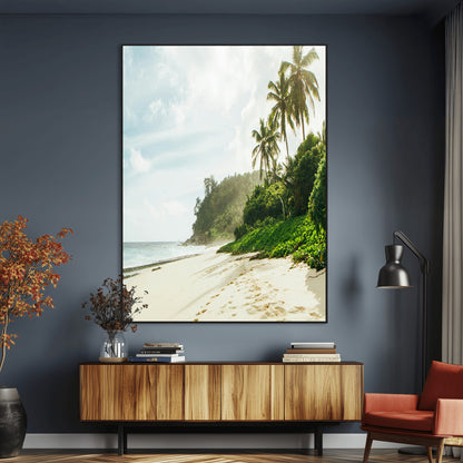 A tropical beach with palm trees, soft sand, and ocean waves under a bright sky, creating a peaceful and relaxing coastal view.