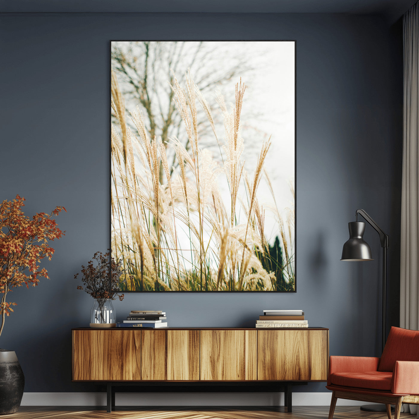 Soft beige pampas grass swaying in the breeze against a muted sky, creating a tranquil and minimalist botanical aesthetic.