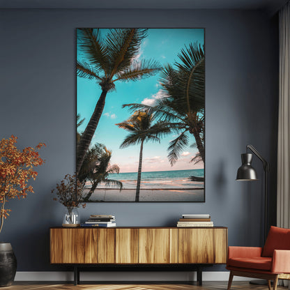 Tall palm trees swaying over a tropical beach with turquoise ocean waves and a soft sunset glow, creating a relaxing coastal vibe.