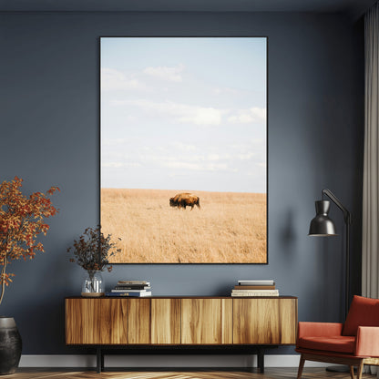 Minimalist Nature Wall Art Canvas Print, Framed Bison In Grassland Art Picture Print, Open Field Perfect Modern Ranch Decor Decor Artwork