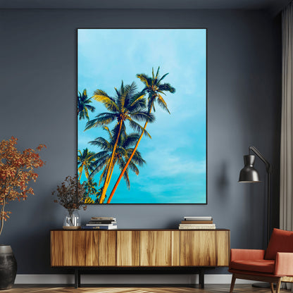 "Tall palm trees with golden sunlight against a vibrant blue sky, creating a tropical, relaxing atmosphere for coastal and beach-themed decor.