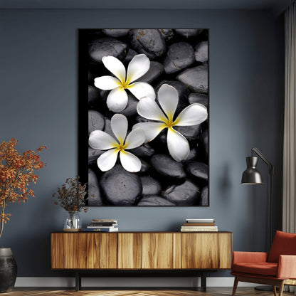 Large Wall Art White Flowers on Black Zen Meditation Stones Vertical Canvas Print