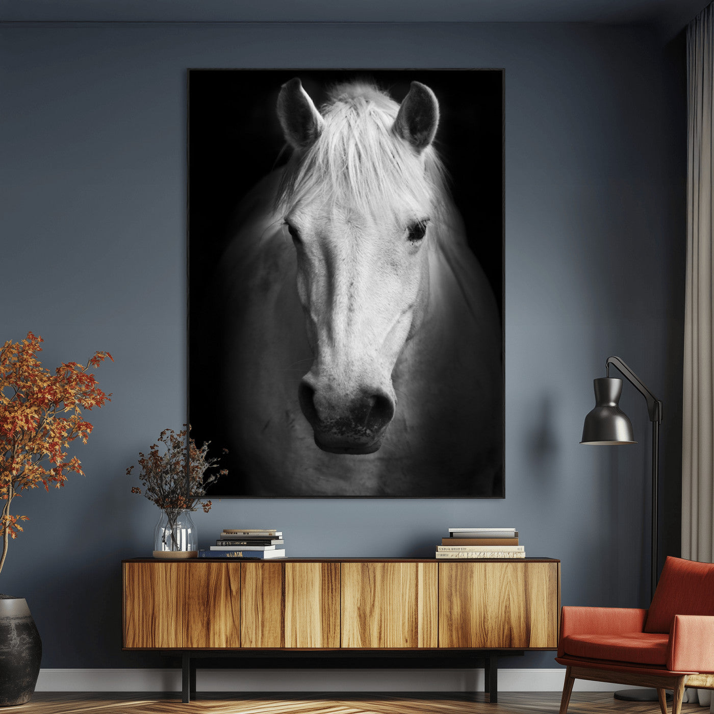 Large Wall Art White Horse on Black Background Canvas Print