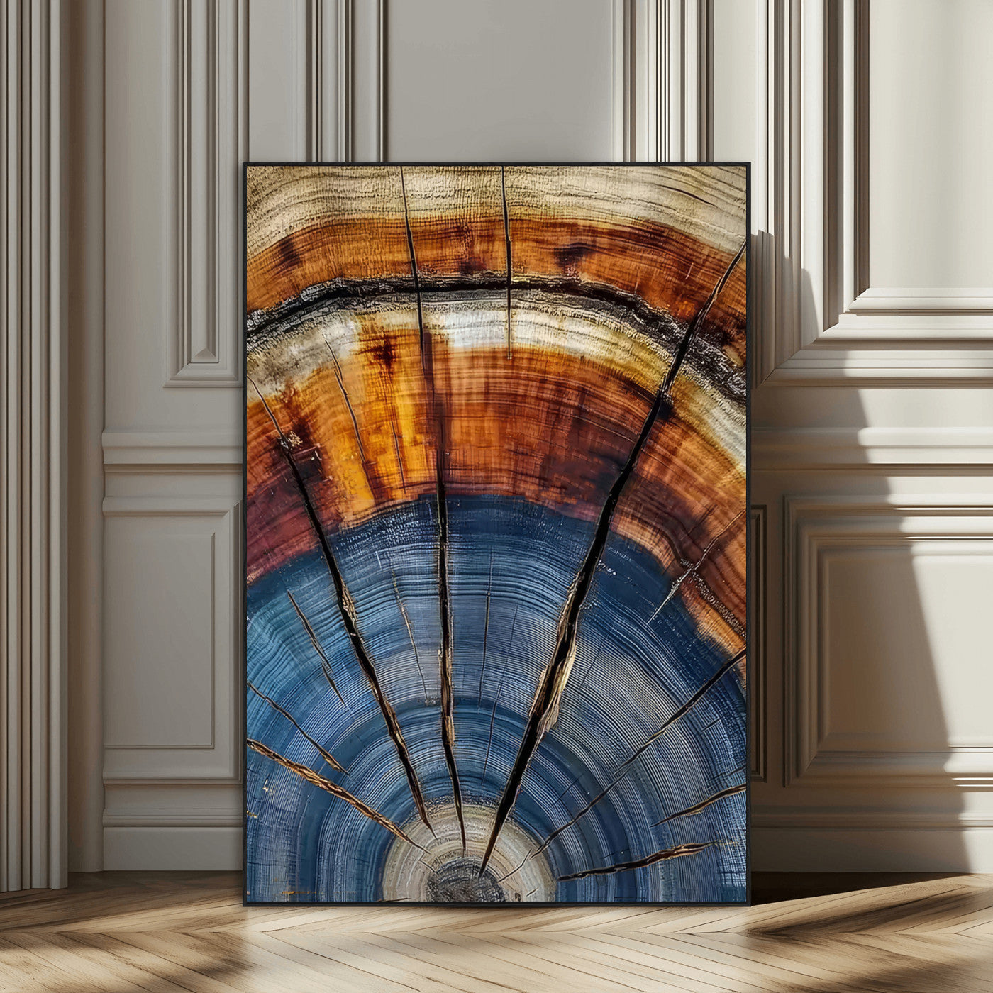 Canvas of a tree ring with bold blue and orange hues and cracked radial lines, ideal for rustic or earthy modern interiors.