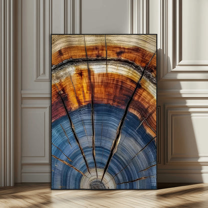 Canvas of a tree ring with bold blue and orange hues and cracked radial lines, ideal for rustic or earthy modern interiors.