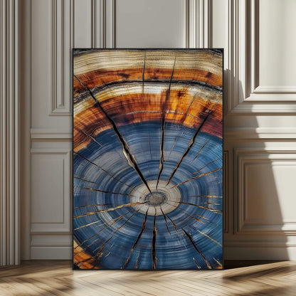 Canvas of a tree ring with bold blue and orange hues and cracked radial lines, ideal for rustic or earthy modern interiors.