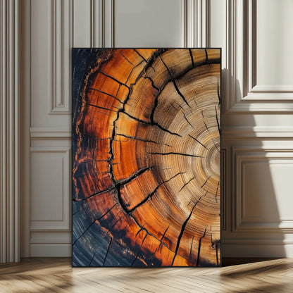 Canvas of a cracked tree ring with warm burnt orange tones and dark edges, ideal for rustic or earthy home decor themes.