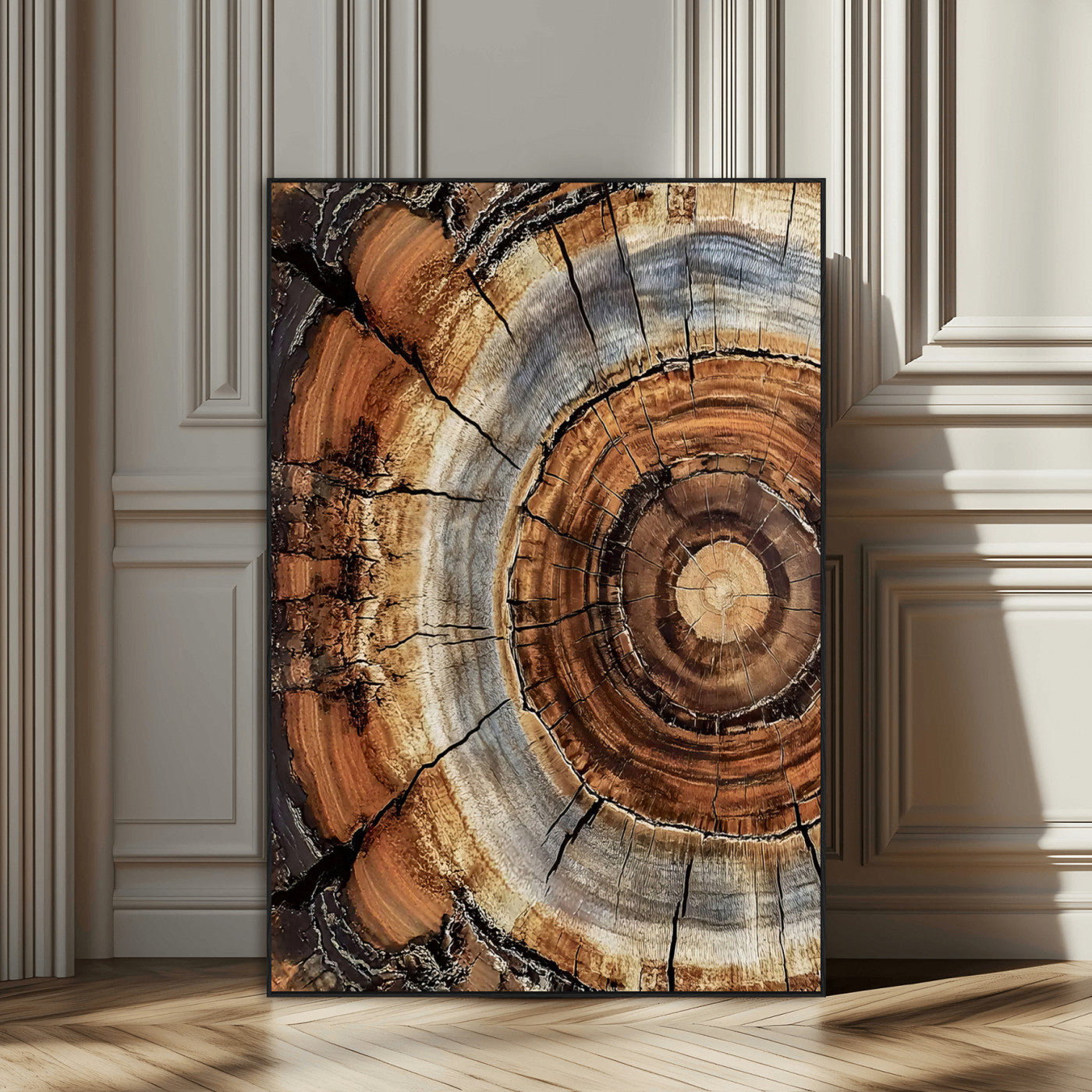 Canvas of tree rings and natural wood grain in earthy tones, ideal for rustic or vintage-inspired home decor with organic textures.