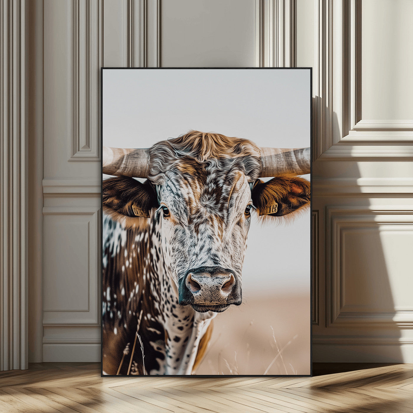 Canvas of a speckled Texas longhorn with wide curved horns and warm tones, perfect for rustic or country-style wall decor.