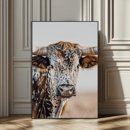Canvas of a speckled Texas longhorn with wide curved horns and warm tones, perfect for rustic or country-style wall decor.