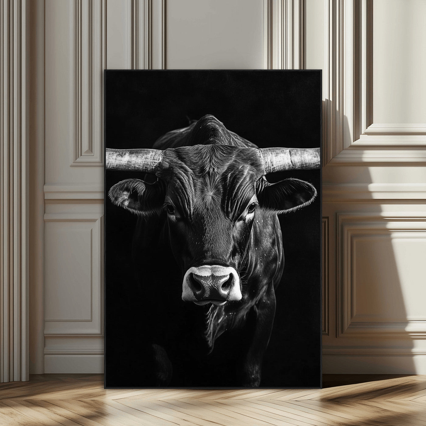 Canvas of a Texas longhorn in black and white with dramatic lighting and bold contrast, ideal for rustic or modern western wall decor.