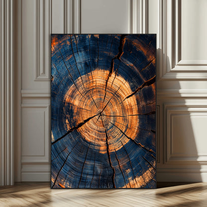 Close-up canvas of tree rings with burnt orange and deep blue tones, perfect for rustic or earthy-themed home decor.