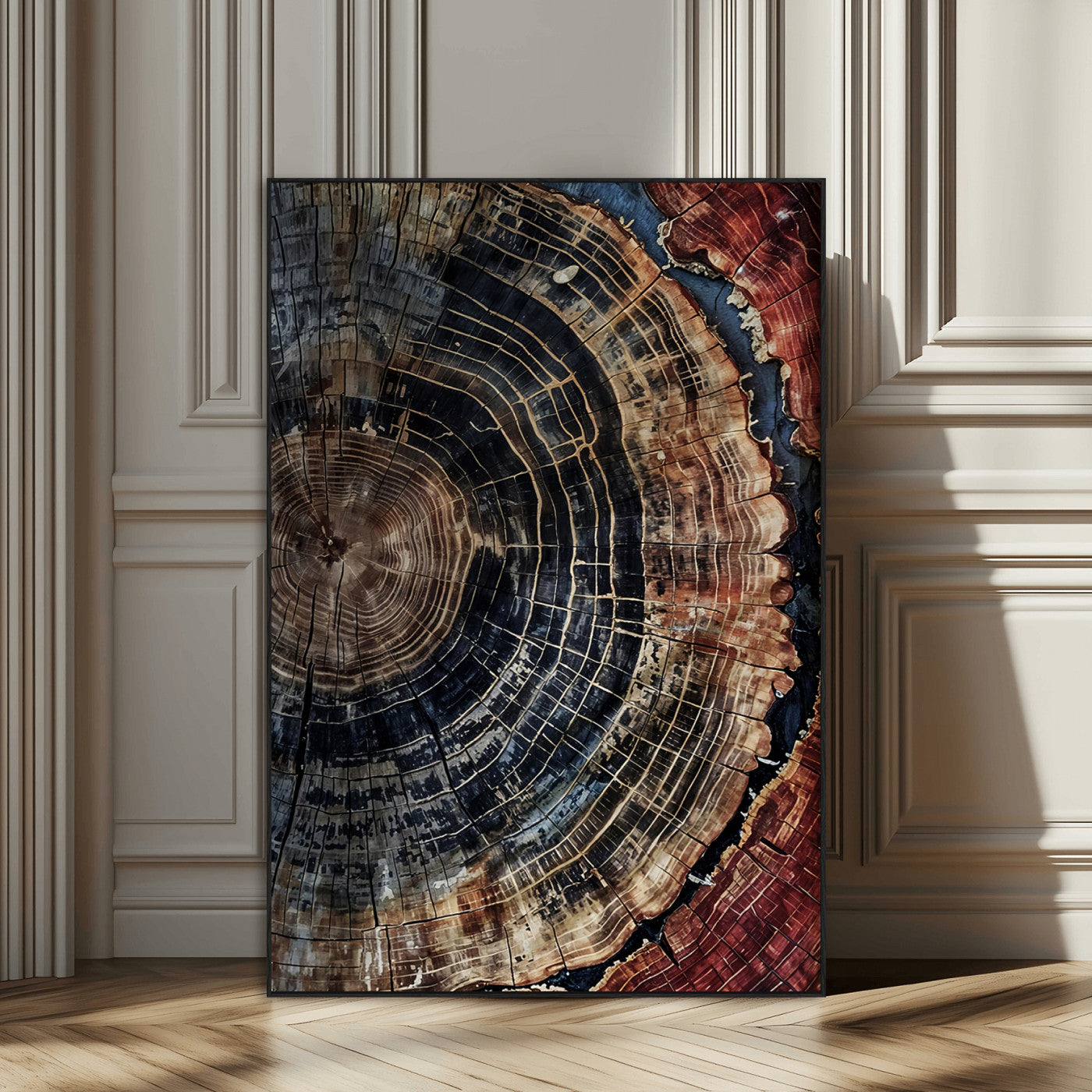 Rustic canvas featuring detailed tree rings and dark earthy tones, ideal for moody wood or organic nature-inspired home decor.