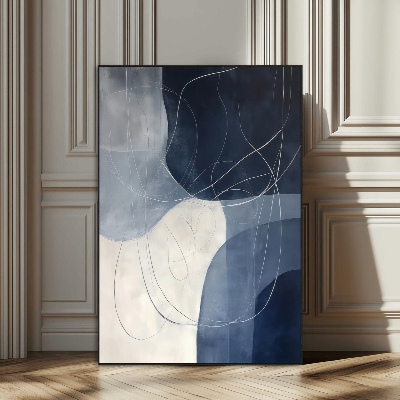 Contemporary abstract canvas with navy, grey, and white curved forms and fine line details, ideal for minimalist or modern interiors.
