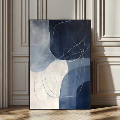 Contemporary abstract canvas with navy, grey, and white curved forms and fine line details, ideal for minimalist or modern interiors.