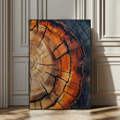 Framed canvas of burnt tree rings with rich wood texture and warm tones, ideal for rustic or earth-inspired interior decor.
