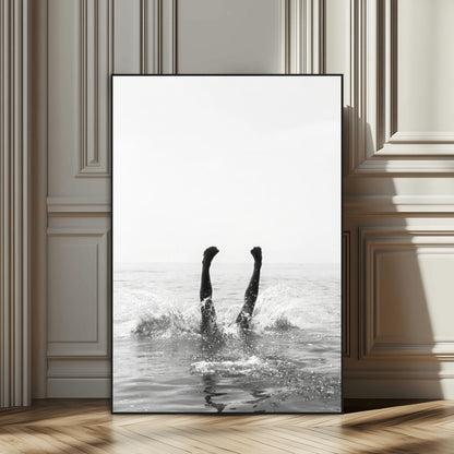 Black and white ocean art featuring a swimmer's legs mid-splash, perfect for minimalist, coastal, or monochrome modern interiors.