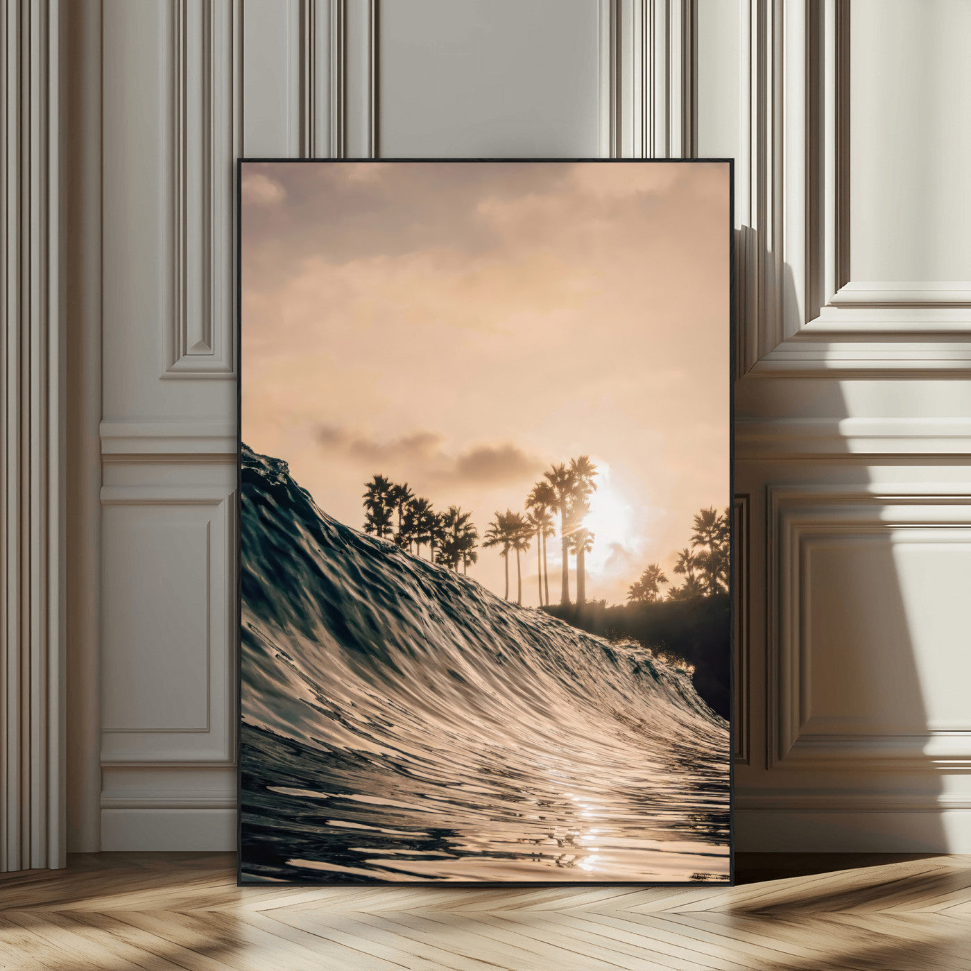 Golden sunset view of an ocean wave curling near palm trees, radiating warm tones perfect for coastal or tropical-themed decor.