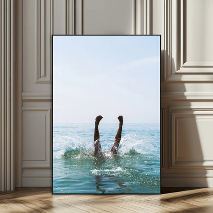 Vibrant ocean canvas of a playful diving splash, ideal for coastal or beach-themed interiors with a lively summer vibe.
